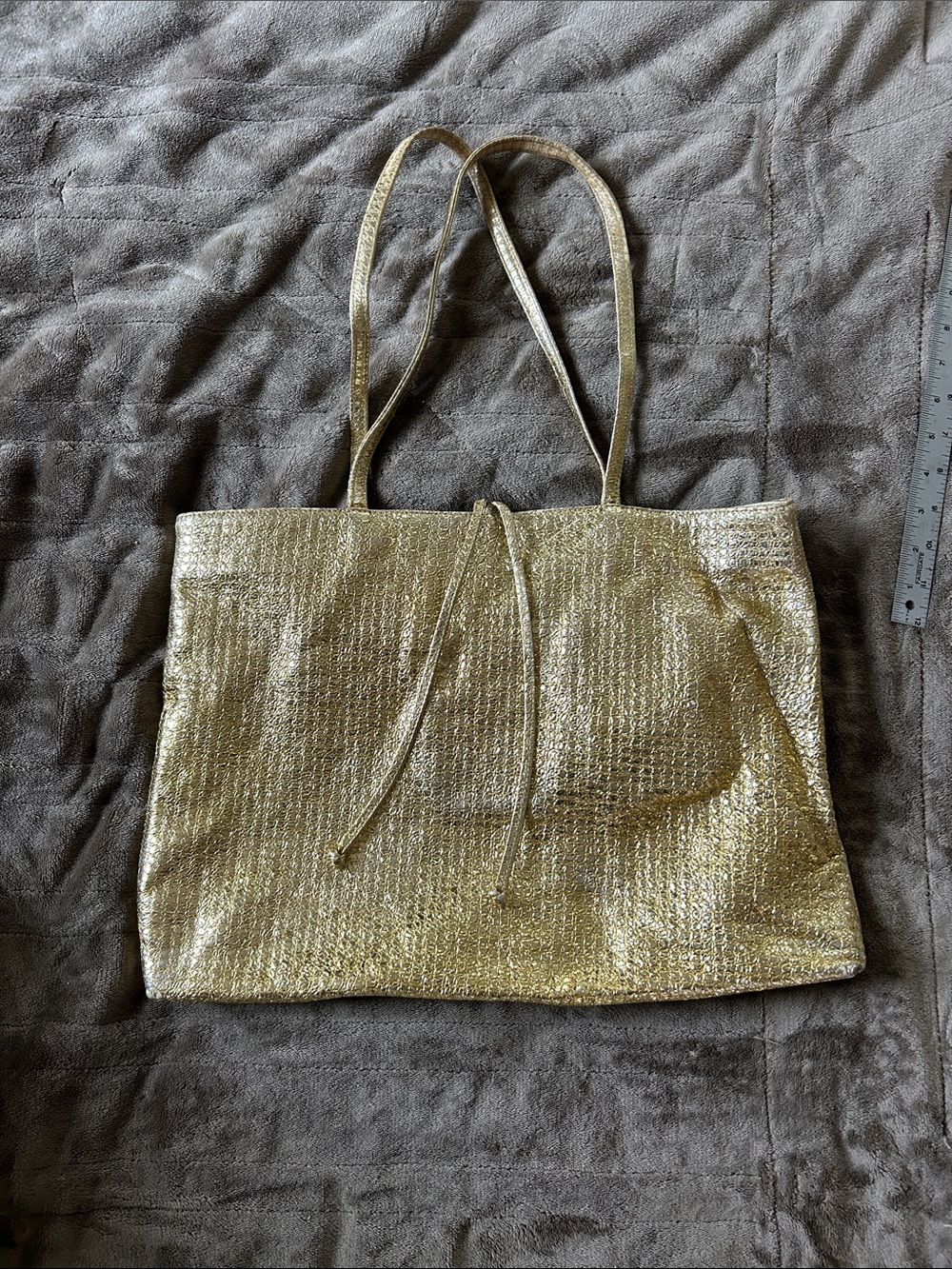 Carlos Falchi Metallic Gold Leather Textured Tote with Drawstring